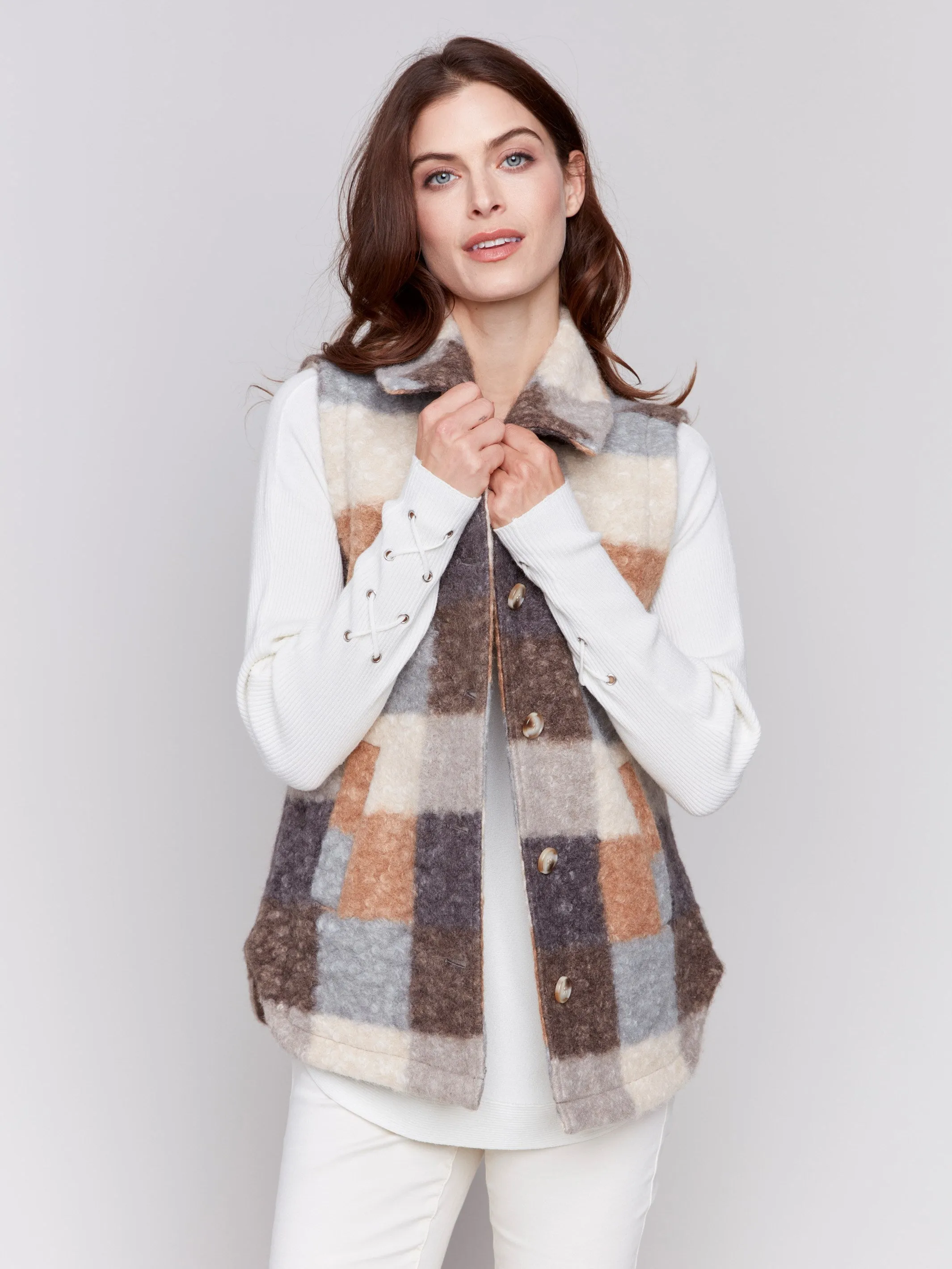 Plaid Bouclé Knit Vest - Terracotta