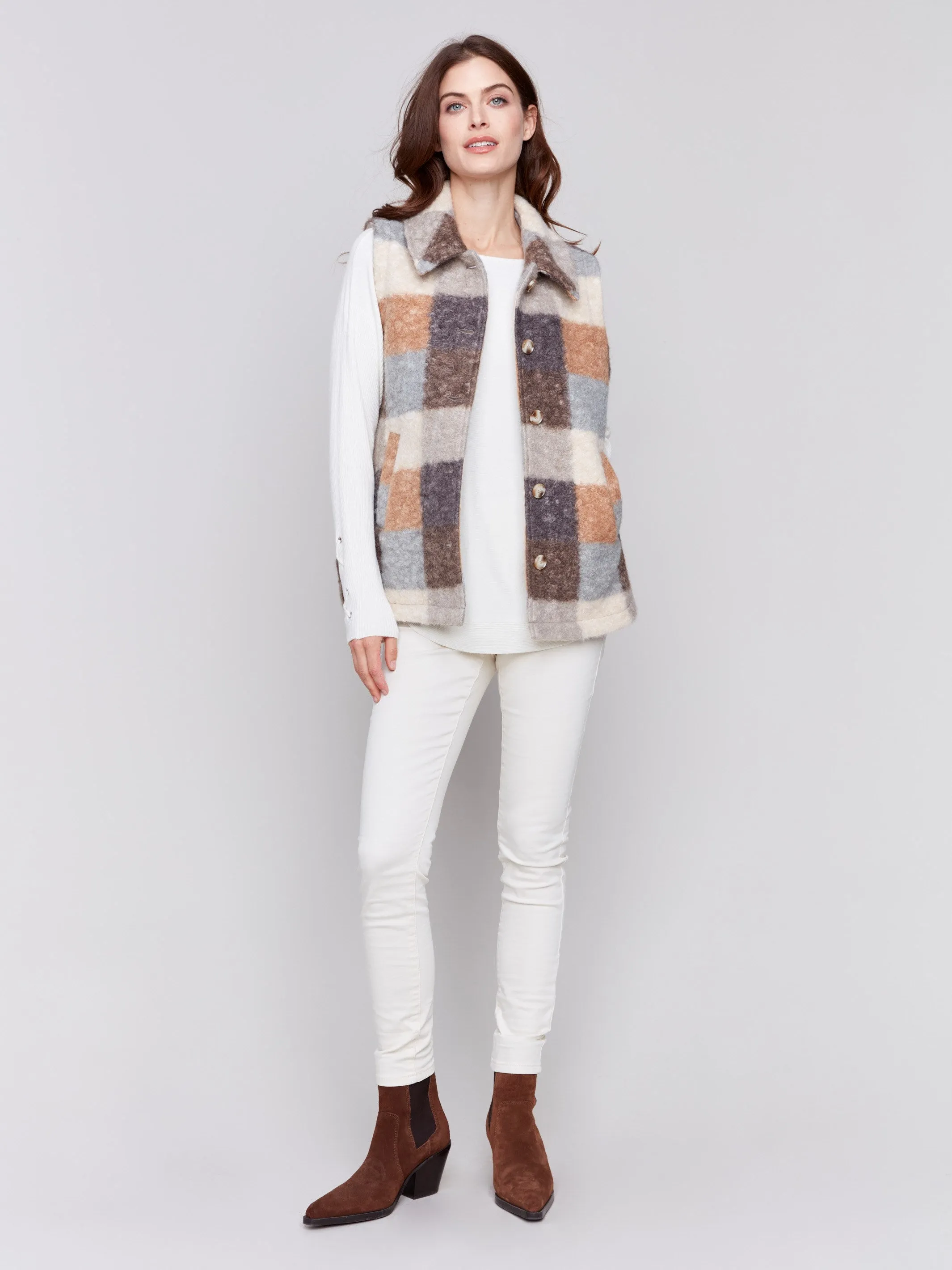 Plaid Bouclé Knit Vest - Terracotta