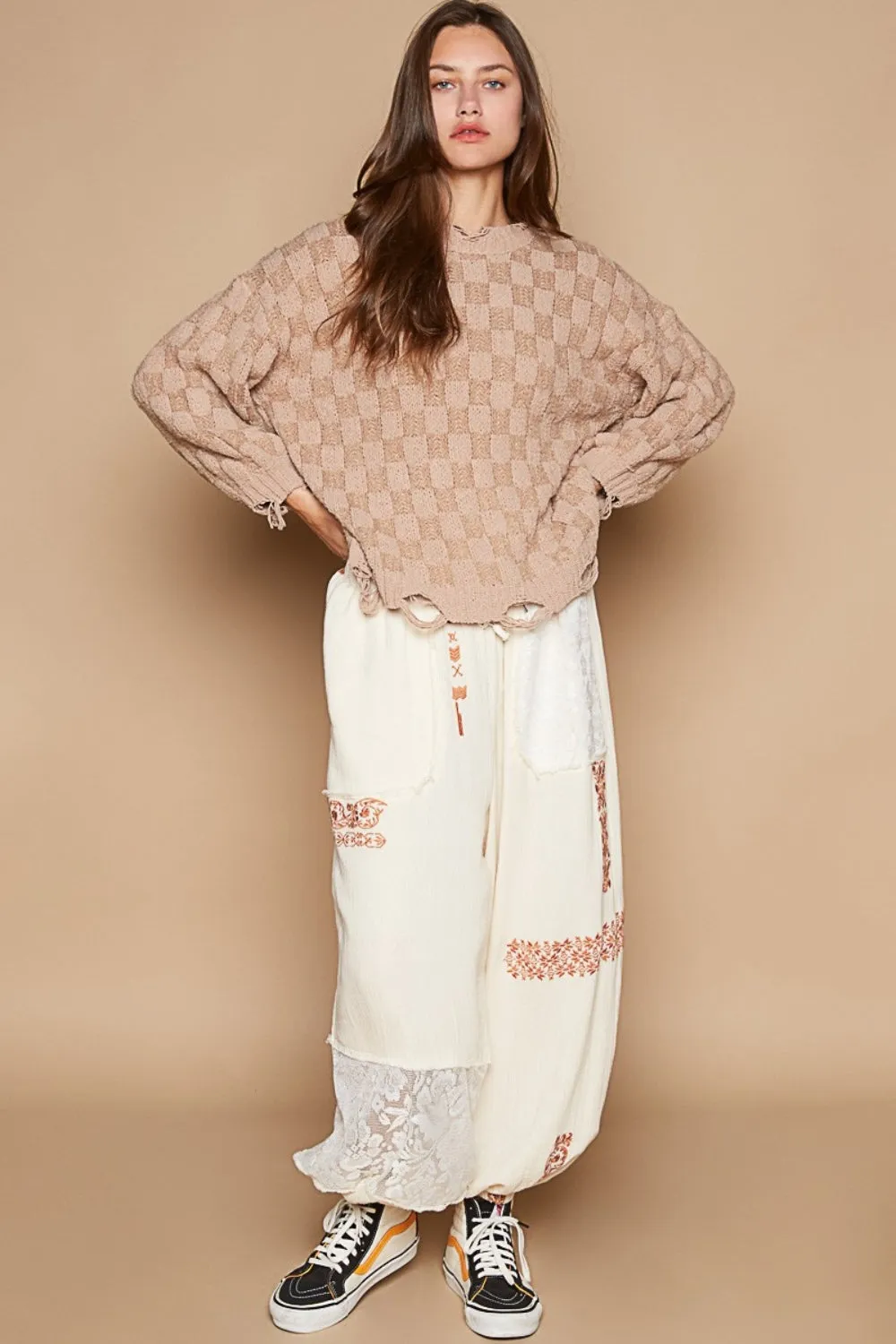 POL | Checkered Mocha Beige Sweater | Rubies   Lace