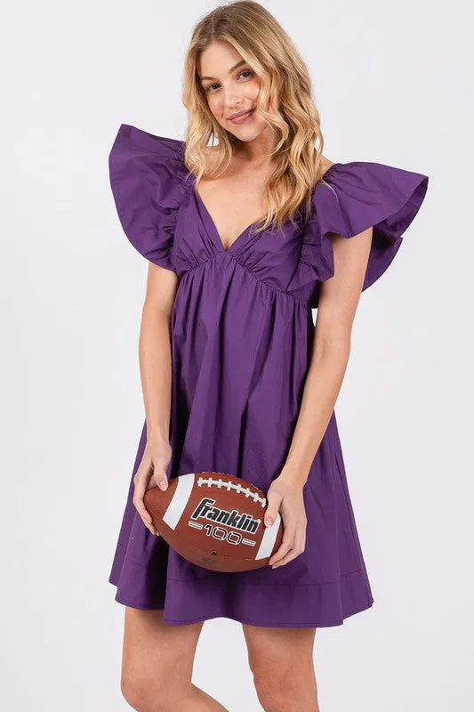 Purple Poplin Ruffle Sleeve Tie Back Dress