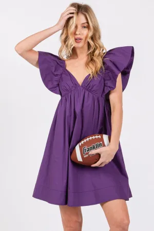 Purple Poplin Ruffle Sleeve Tie Back Dress