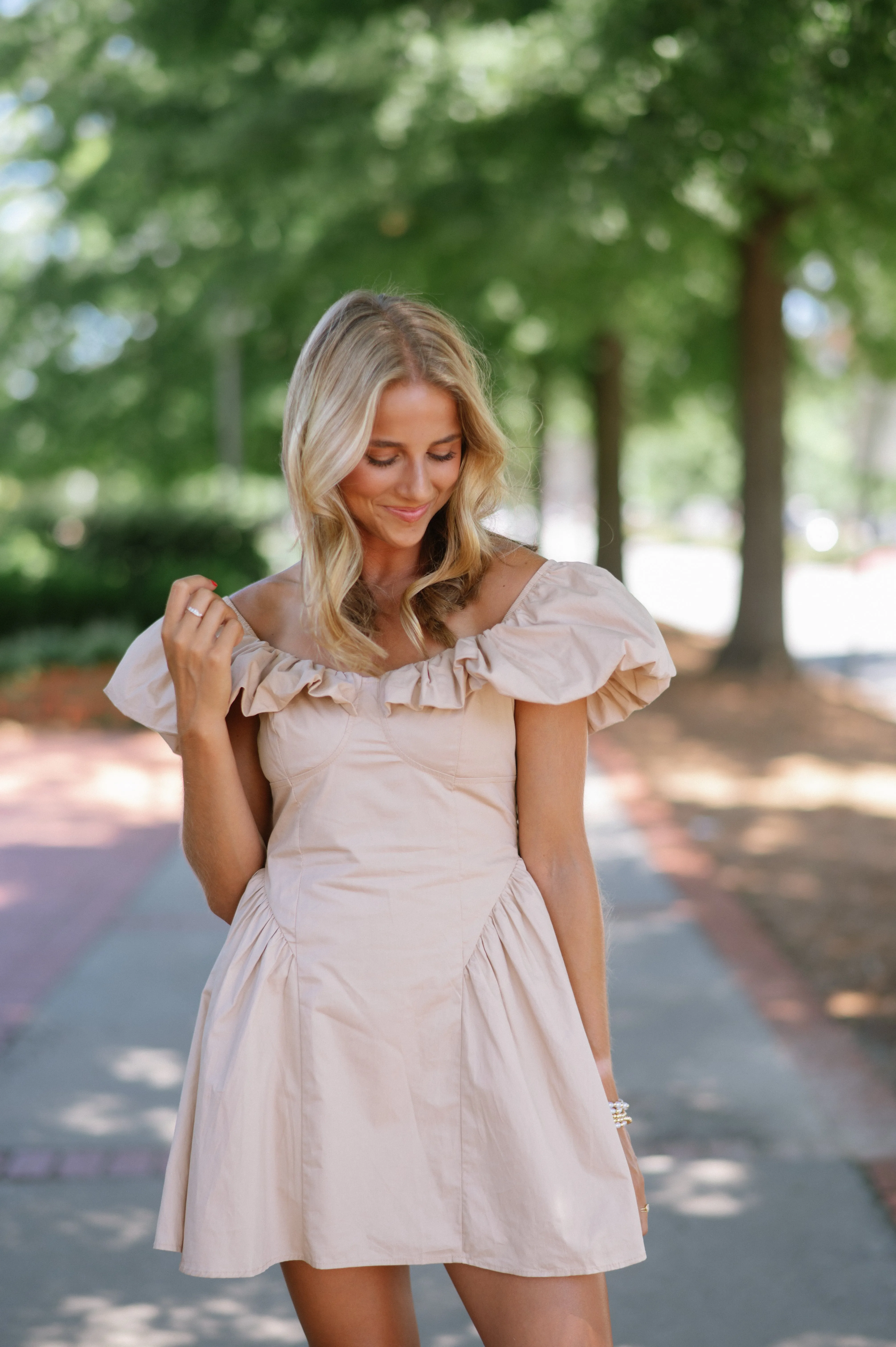 Remi Off The Shoulder Mini Dress-Taupe