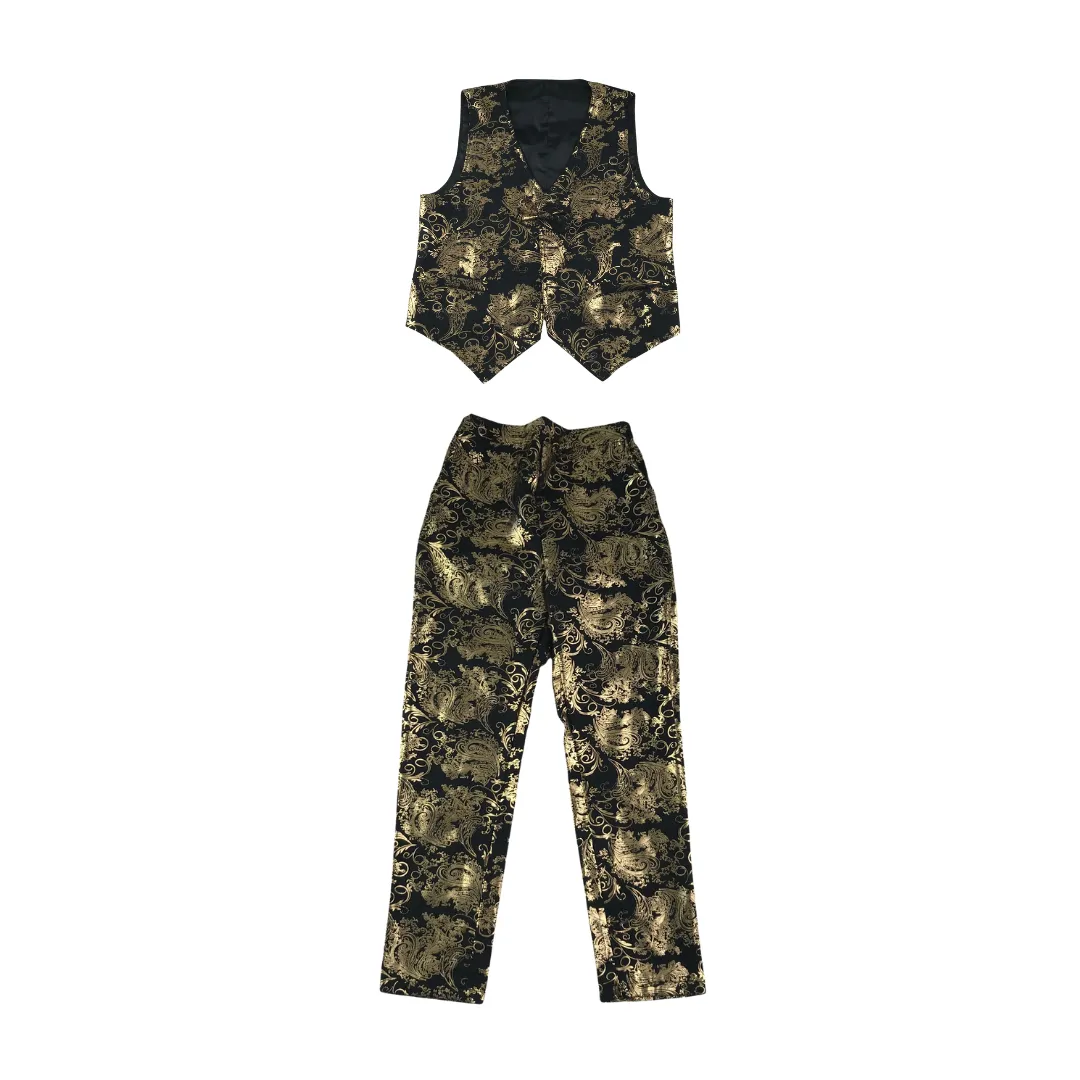 Shein waistcoat and trousers set 11-12 years gold and black leafy pattern