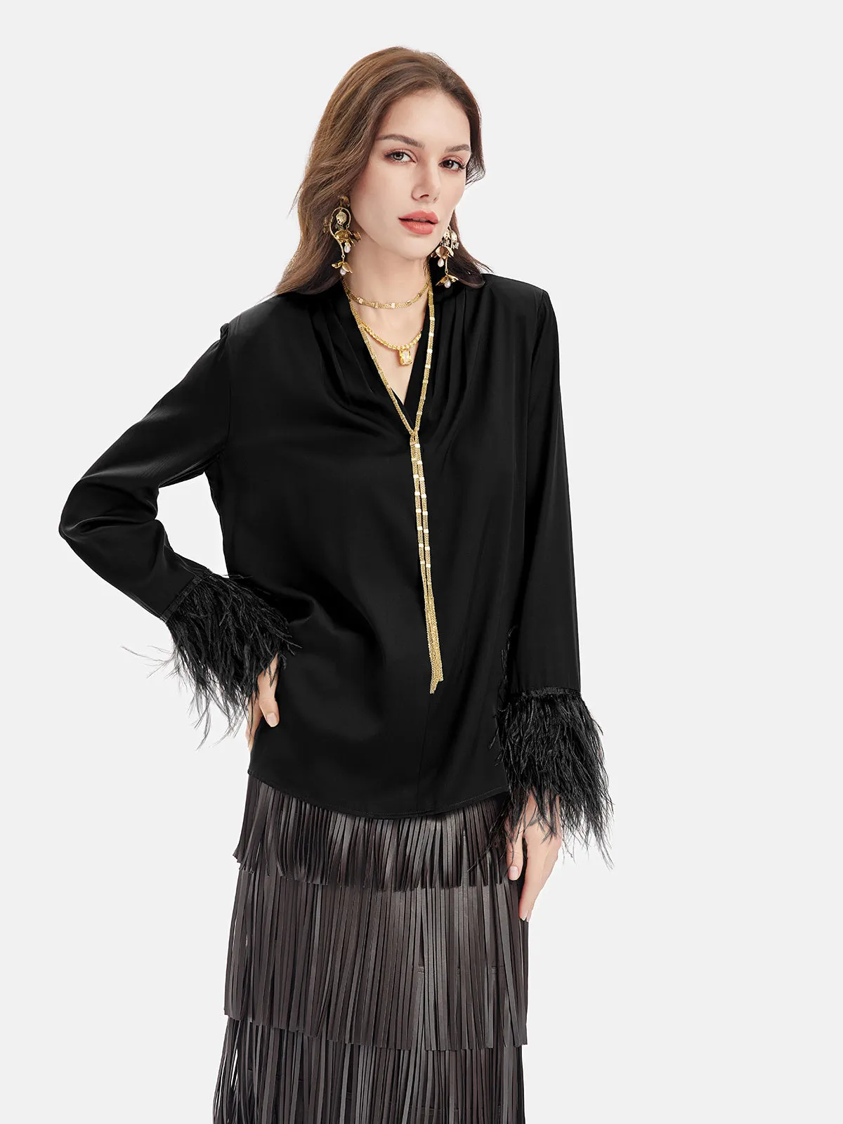 Silk Shirt with Ostrich Feather Cuffs