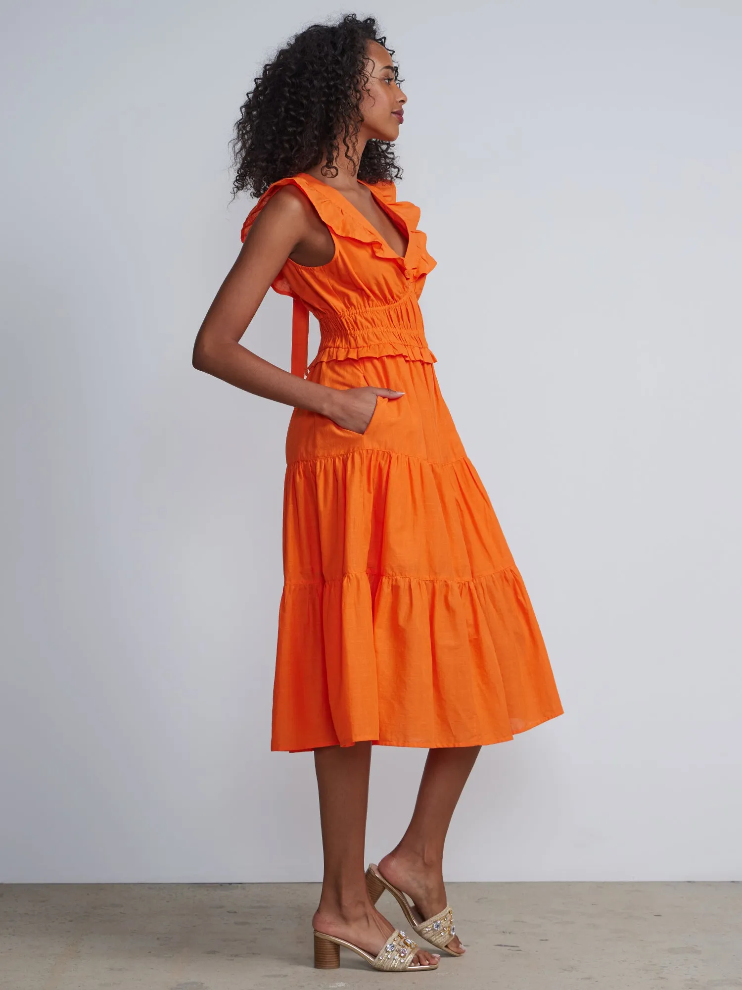 Sleeveless Ruffle Front Midi Dress