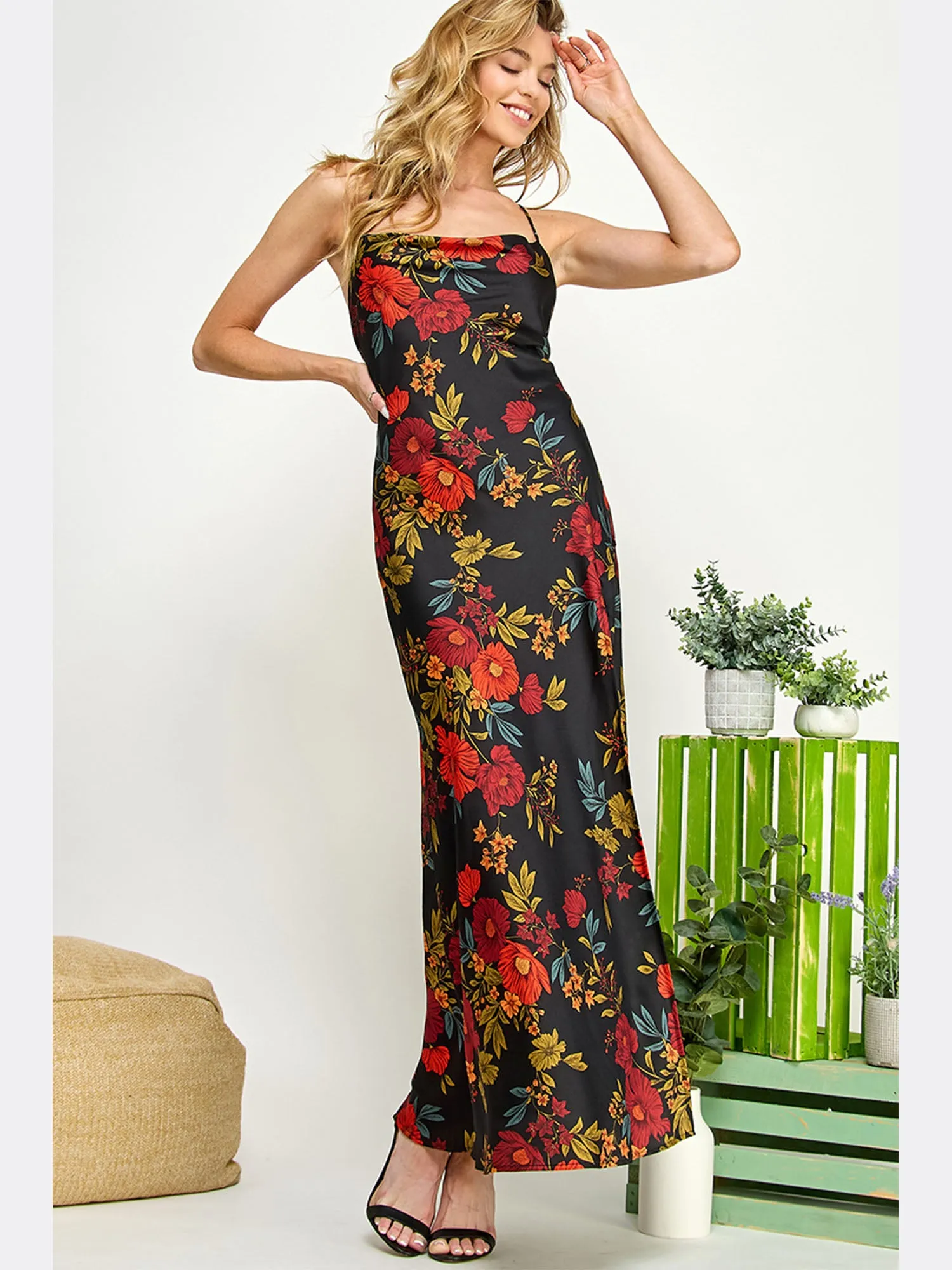 Sleeveless Satin Floral Maxi Dress