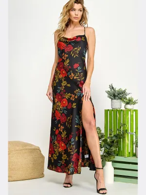 Sleeveless Satin Floral Maxi Dress