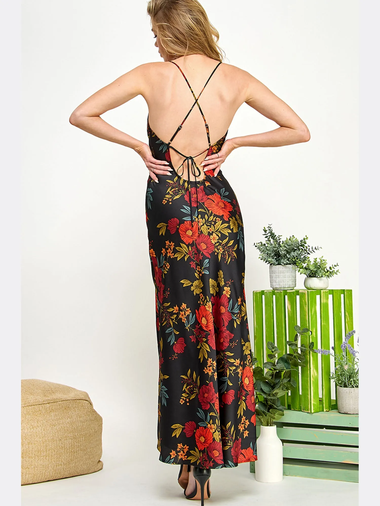 Sleeveless Satin Floral Maxi Dress