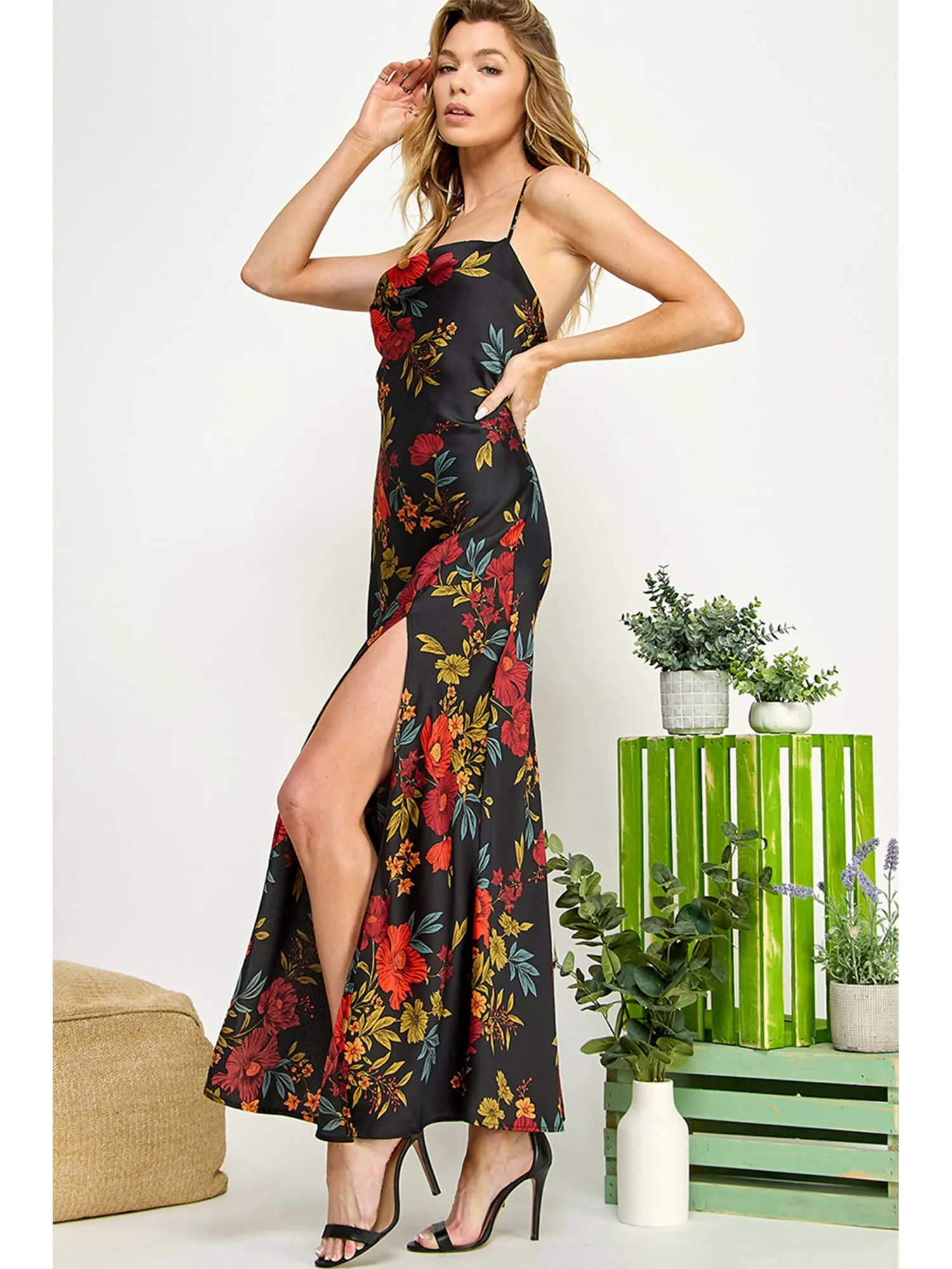 Sleeveless Satin Floral Maxi Dress