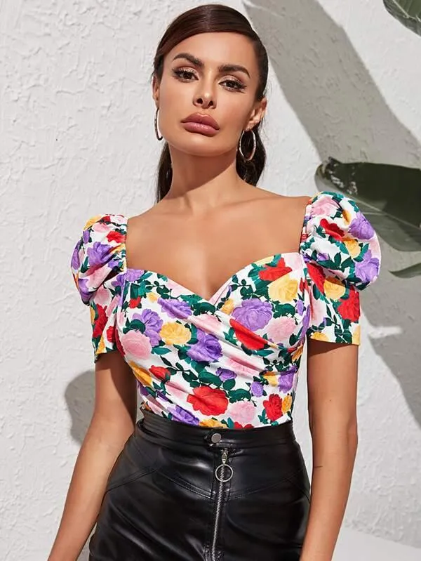 Sweetheart Neck Puff Sleeve Floral Top