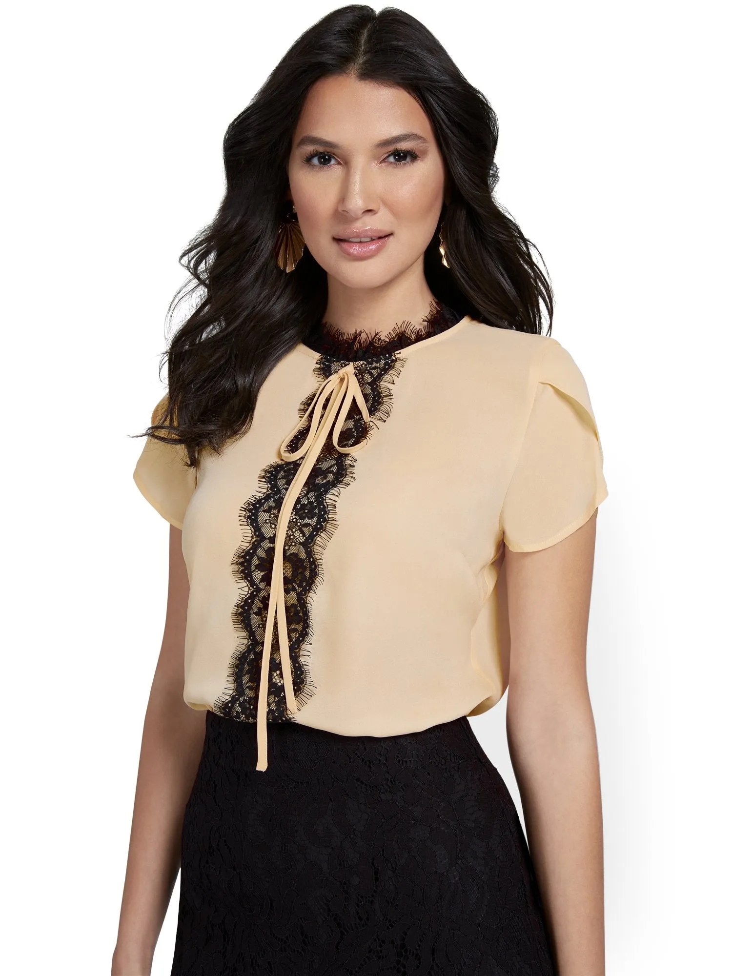 Tulip-Sleeve Lace-Contrast Blouse