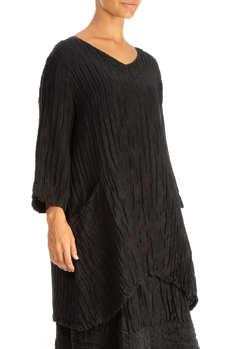 Twin Pockets Crinkled Black Silk Linen Tunic