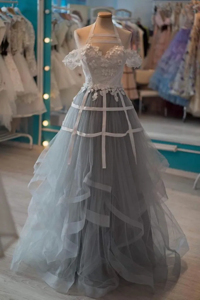 Unique Gray Tulle Lace Applique Long Prom Dress, Tulle  Evening Dress