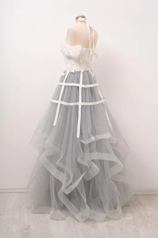 Unique Gray Tulle Lace Applique Long Prom Dress, Tulle  Evening Dress