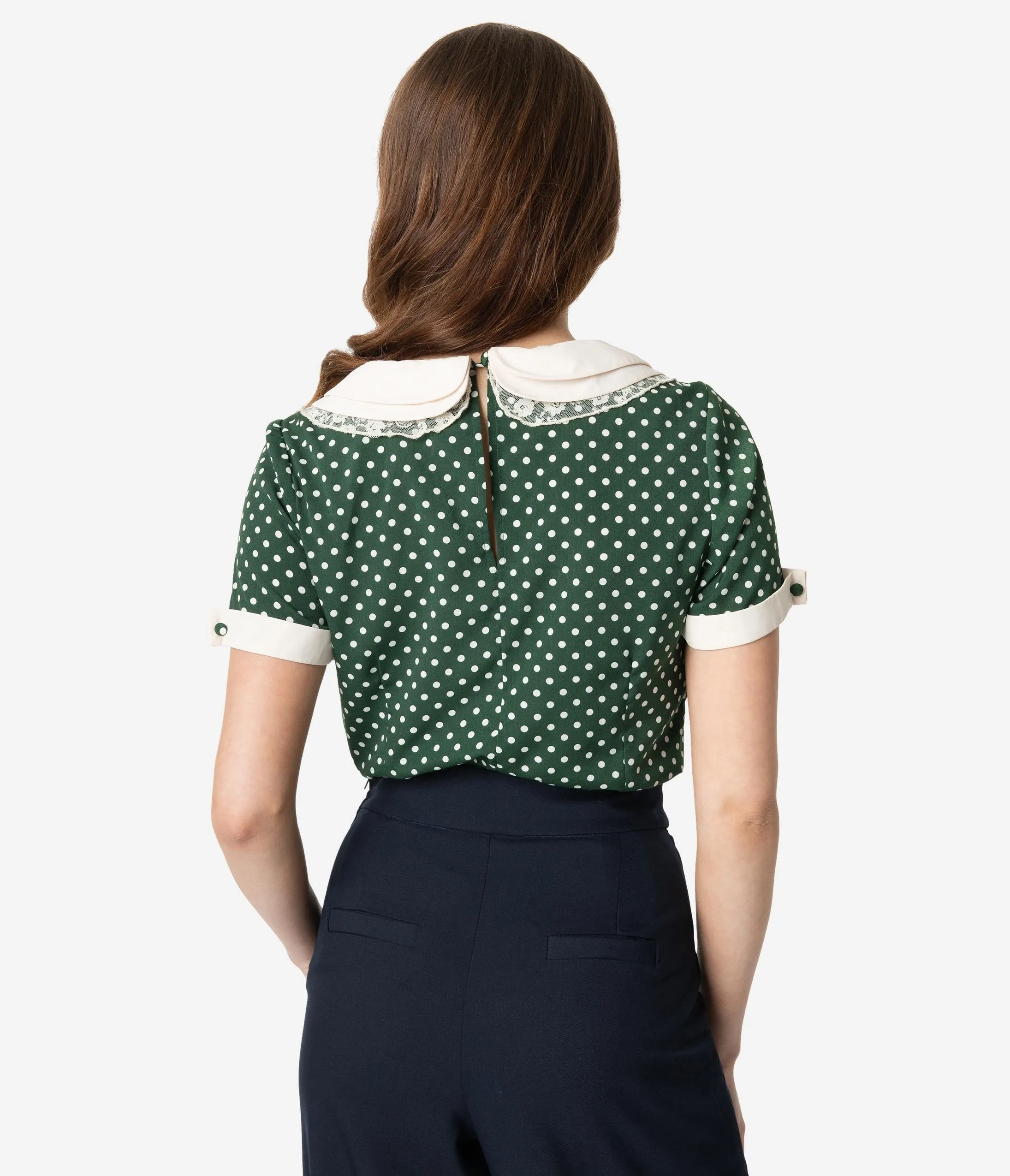 Unique Vintage 1940s Green & Cream Polka Dot Neck Tie Bea Blouse