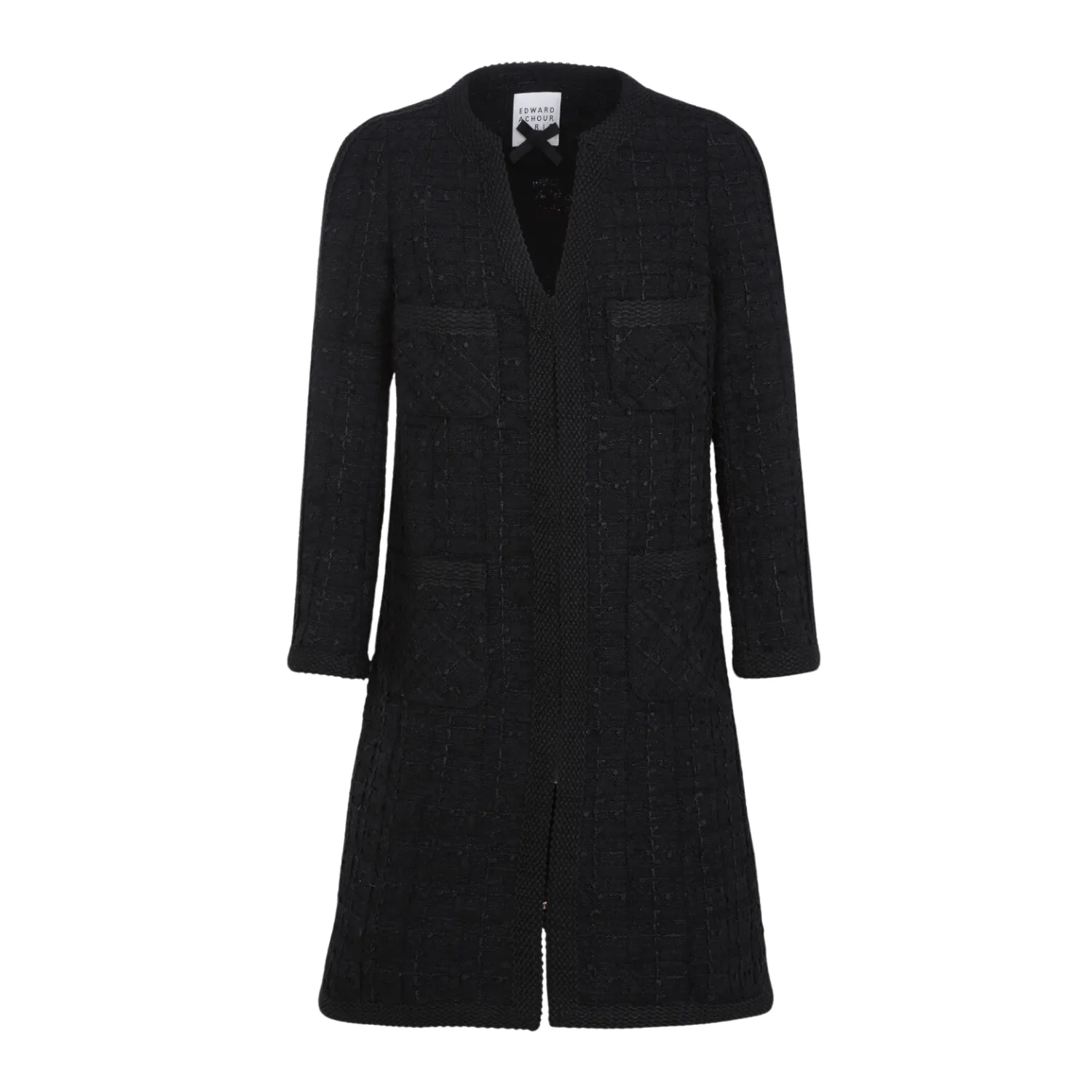 V-Neck Tweed Boucle Coat - Black