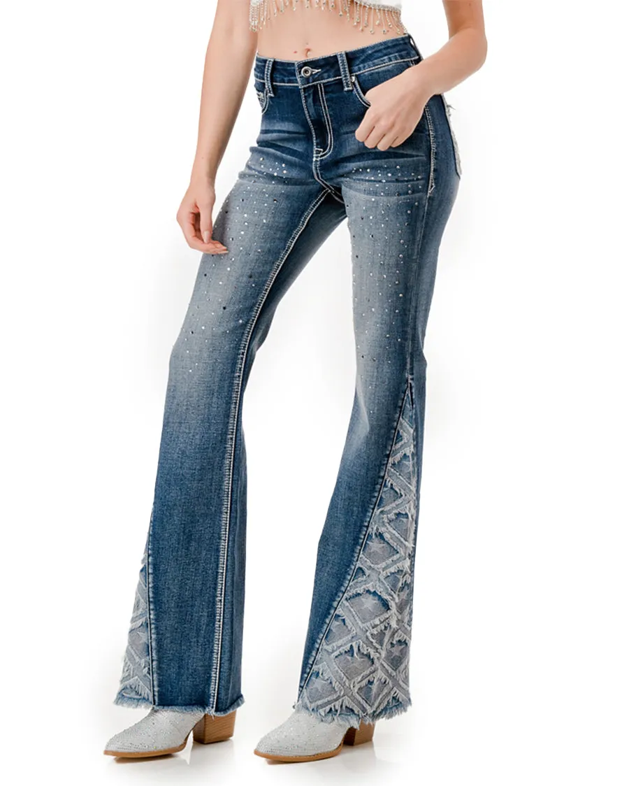 Women's Frayed Detailing High Rise Flare Jeans