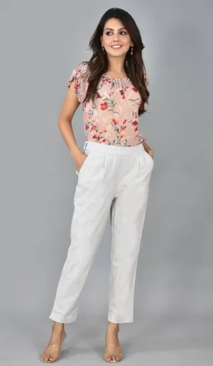 Womens Solid Cotton Slub Casual Trouser